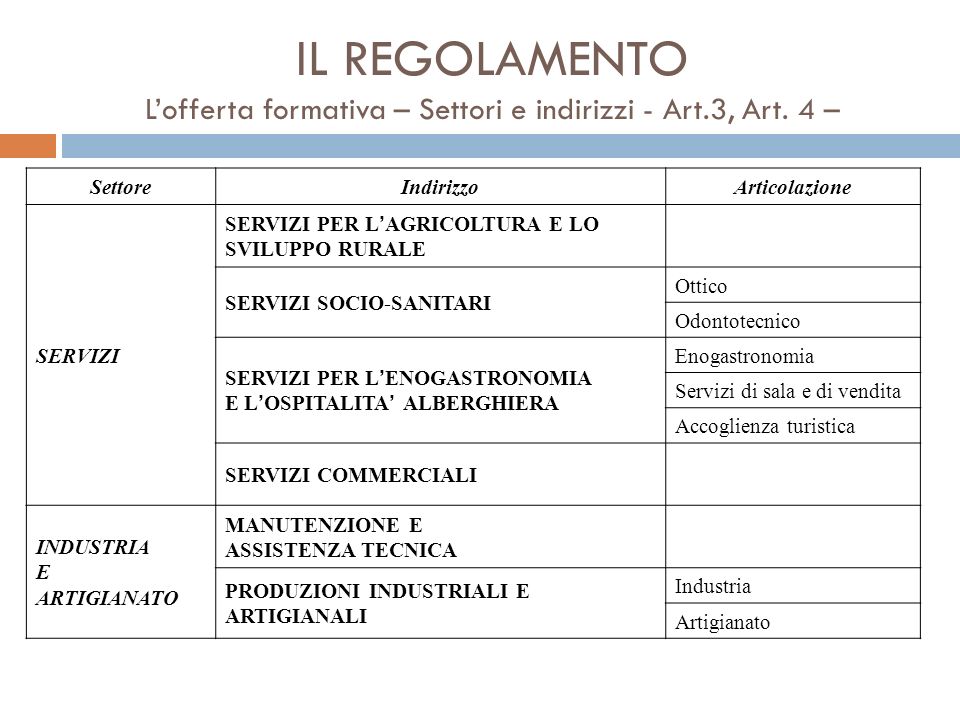 IL REGOLAMENTO Lofferta formativa – Settori e indirizzi - Art.3, Art.