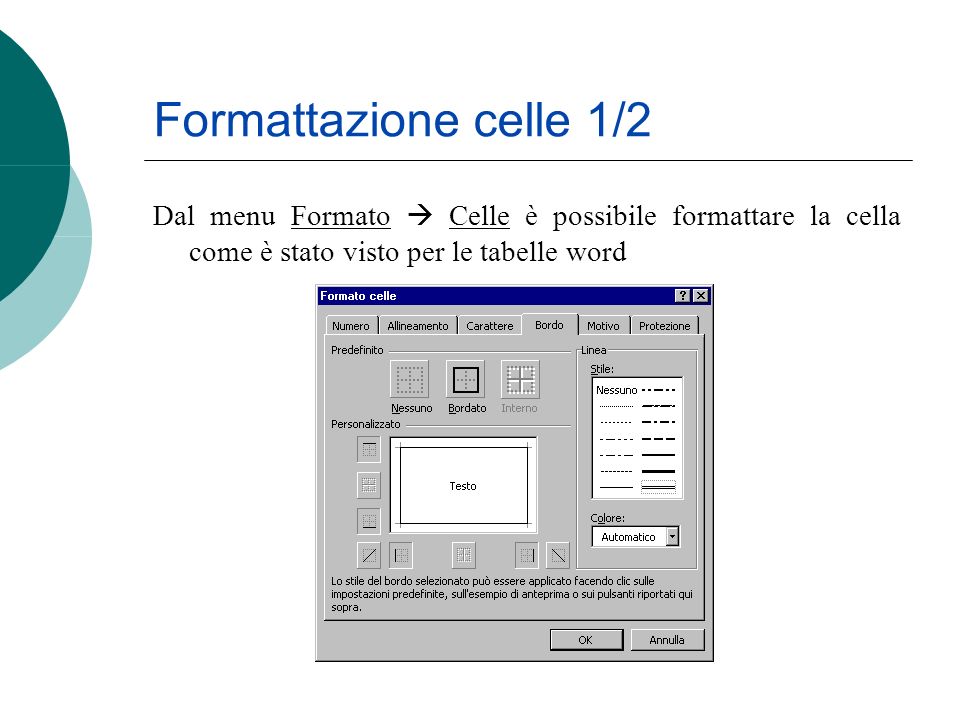 Formattazione celle 1/2 Dal menu Formato Celle è possibile formattare la cella come è stato visto per le tabelle word