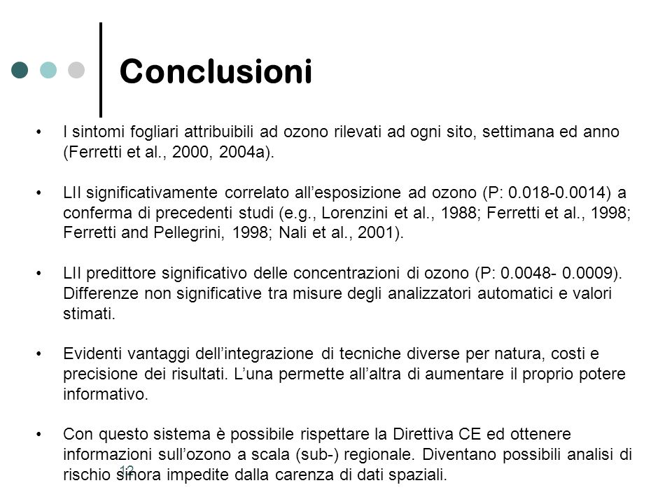 12 Conclusioni I sintomi fogliari attribuibili ad ozono rilevati ad ogni sito, settimana ed anno (Ferretti et al., 2000, 2004a).