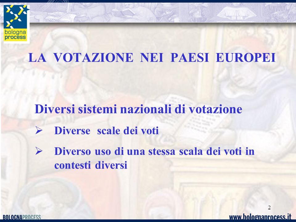 2 LA VOTAZIONE NEI PAESI EUROPEI Diversi sistemi nazionali di votazione Diverse scale dei voti Diverso uso di una stessa scala dei voti in contesti diversi