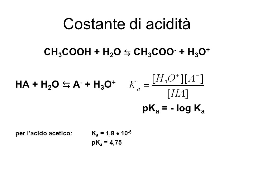 Costante di acidità CH 3 COOH + H 2 O CH 3 COO - + H 3 O + HA + H 2 O A - + H 3 O + pK a = - log K a per l acido acetico:K a = 1, pK a = 4,75