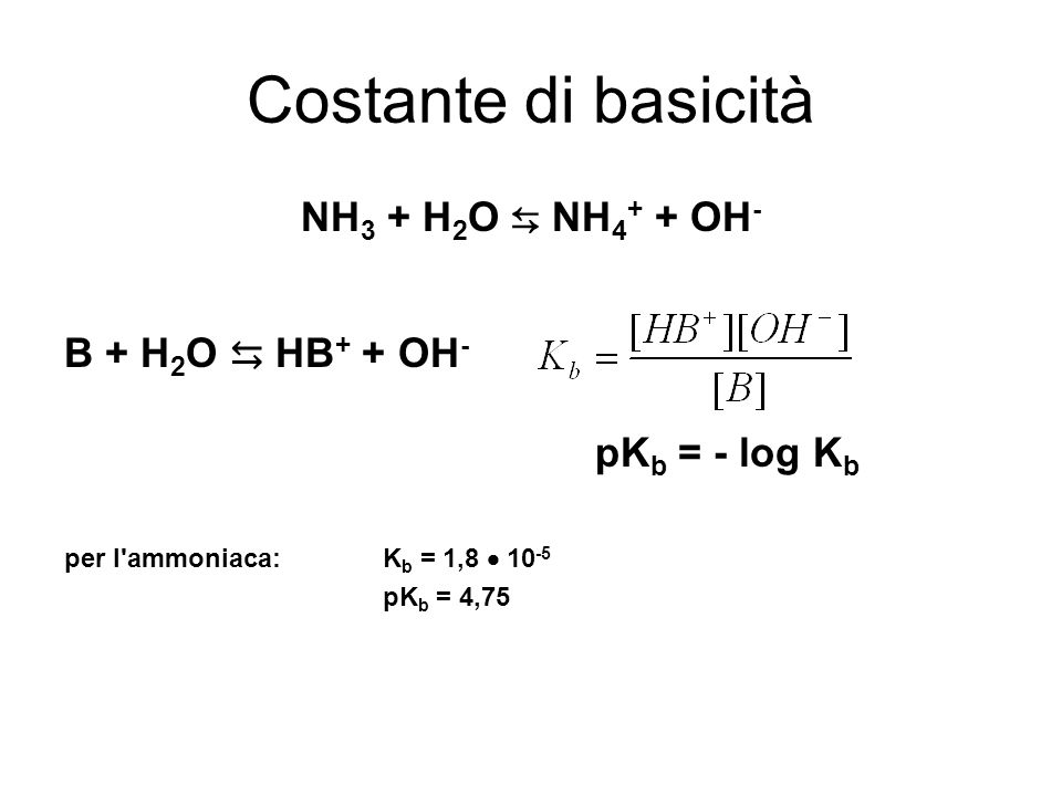 Costante di basicità NH 3 + H 2 O NH OH - B + H 2 O HB + + OH - pK b = - log K b per l ammoniaca:K b = 1, pK b = 4,75