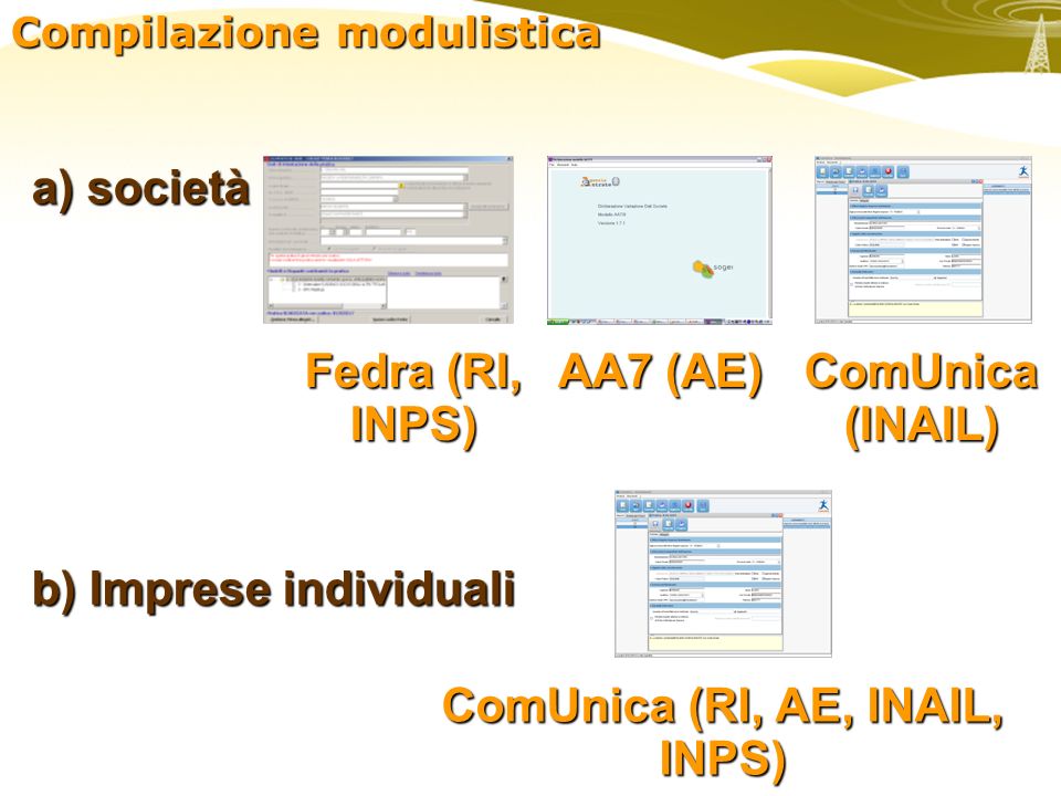 Compilazione modulistica a) società b) Imprese individuali Fedra (RI, INPS) AA7 (AE) ComUnica (INAIL) ComUnica (RI, AE, INAIL, INPS)