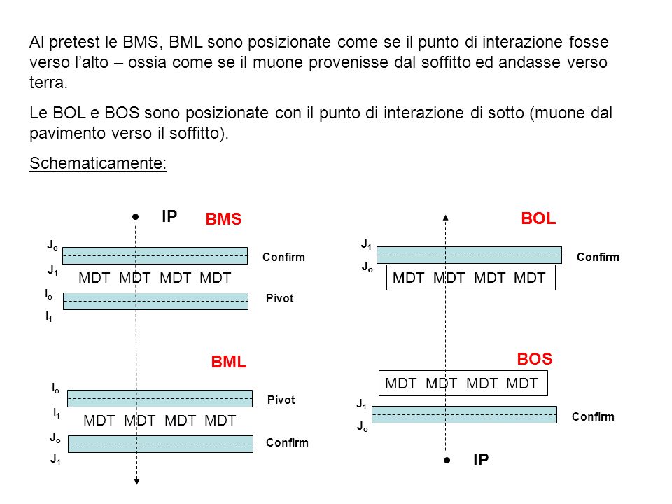 Al pretest le BMS, BML sono posizionate come se il punto di interazione fosse verso lalto – ossia come se il muone provenisse dal soffitto ed andasse verso terra.