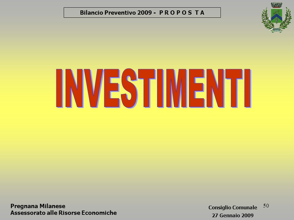 50 Pregnana Milanese Assessorato alle Risorse Economiche Bilancio Preventivo P R O P O S T A Consiglio Comunale 27 Gennaio 2009
