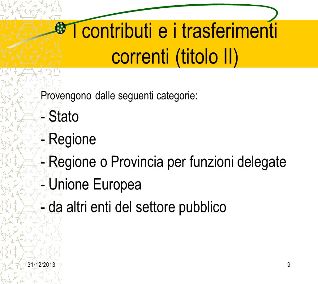 31/12/20139 I contributi e i trasferimenti correnti (titolo II) Provengono dalle seguenti categorie: - Stato - Regione - Regione o Provincia per funzioni delegate - Unione Europea - da altri enti del settore pubblico