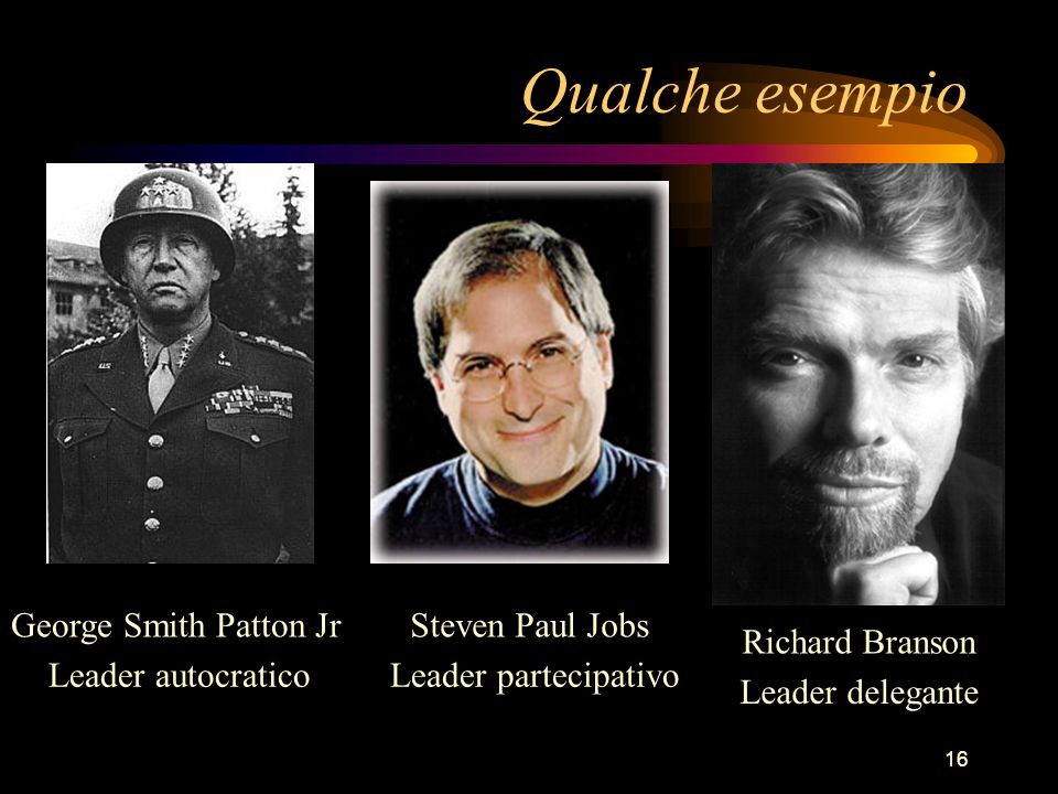 16 Qualche esempio George Smith Patton JrSteven Paul Jobs Richard Branson Leader autocraticoLeader partecipativo Leader delegante