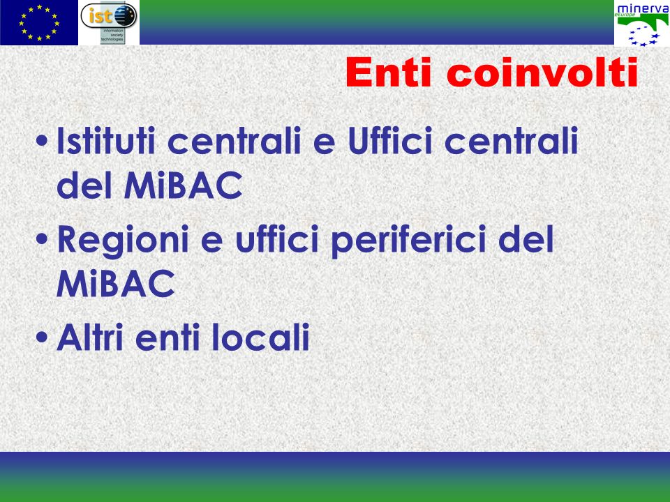 Enti coinvolti Istituti centrali e Uffici centrali del MiBAC Regioni e uffici periferici del MiBAC Altri enti locali
