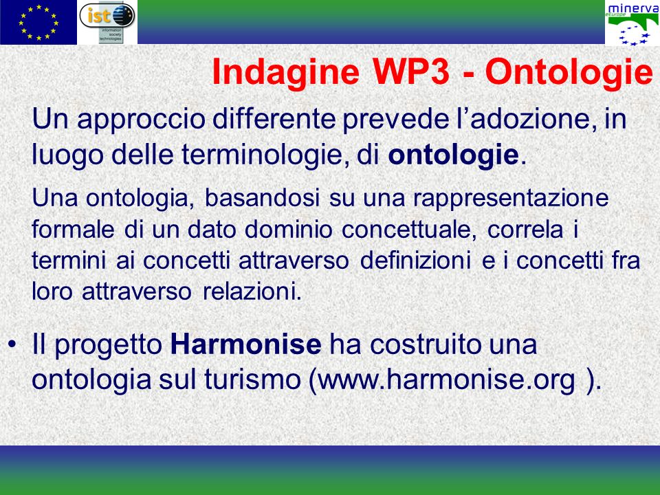 Indagine WP3 - Ontologie Un approccio differente prevede ladozione, in luogo delle terminologie, di ontologie.