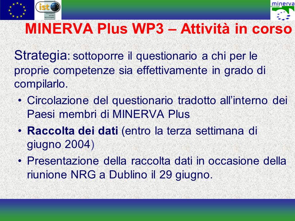 MINERVA Plus WP3 – Attività in corso Strategia : sottoporre il questionario a chi per le proprie competenze sia effettivamente in grado di compilarlo.