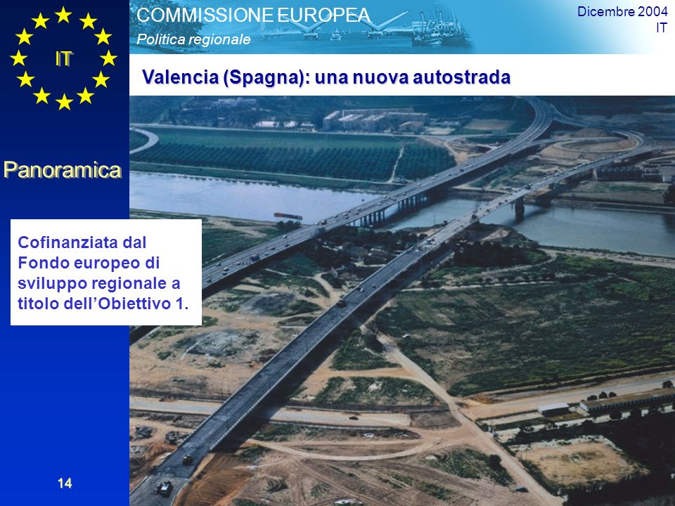 IT Panoramica Politica regionale COMMISSIONE EUROPEA Dicembre 2004 IT 14 Valencia (Spagna): una nuova autostrada Cofinanziata dal Fondo europeo di sviluppo regionale a titolo dellObiettivo 1.