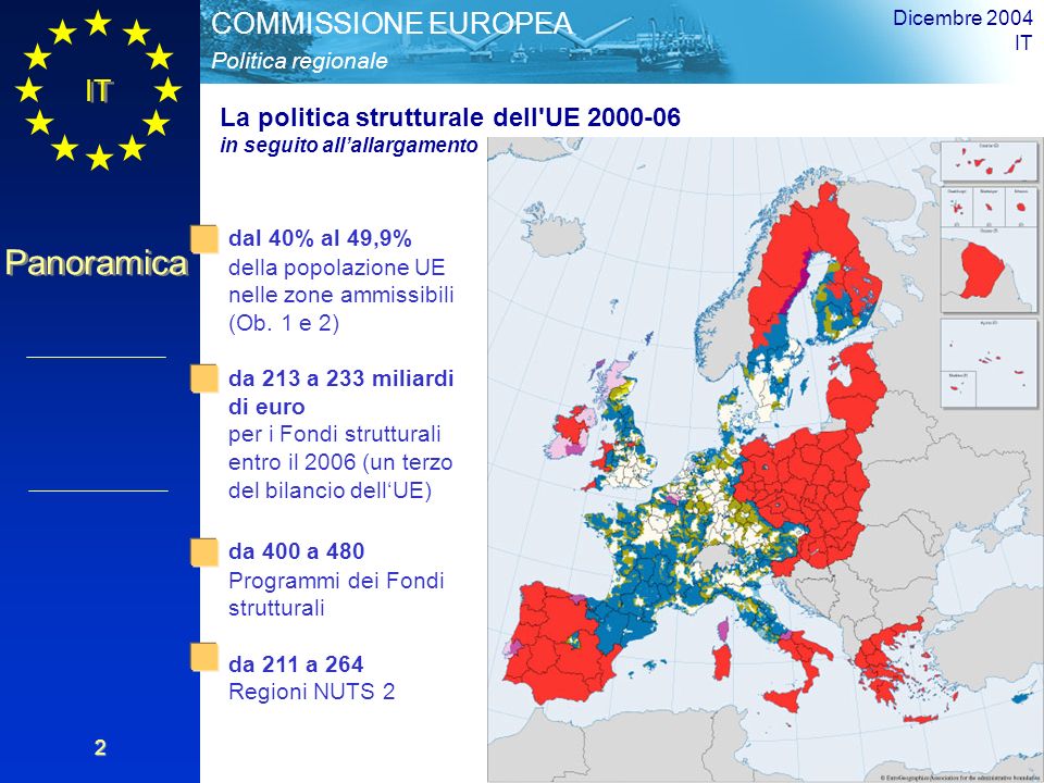 IT Panoramica Politica regionale COMMISSIONE EUROPEA Dicembre 2004 IT 2 dal 40% al 49,9% della popolazione UE nelle zone ammissibili (Ob.