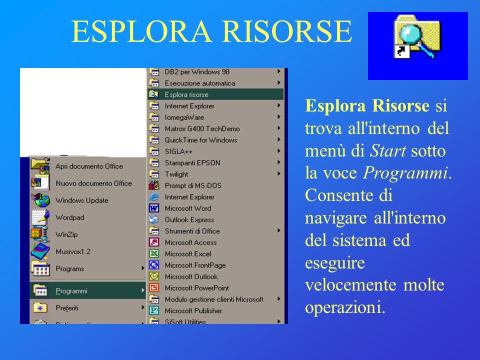 Esplora Risorse si trova all interno del menù di Start sotto la voce Programmi.