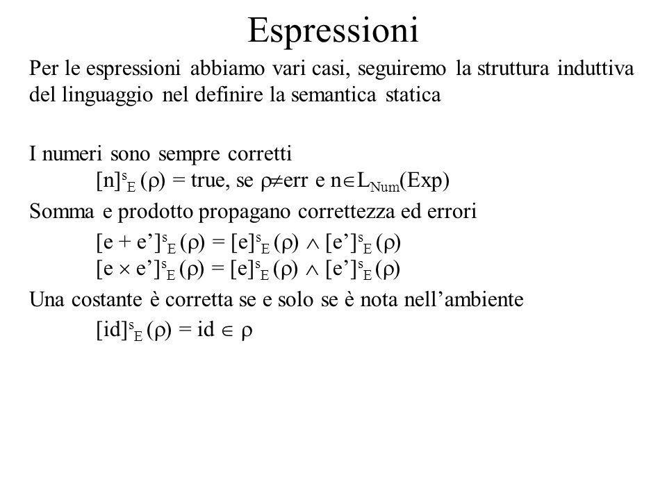 Espressioni Per le espressioni abbiamo vari casi, seguiremo la struttura induttiva del linguaggio nel definire la semantica statica I numeri sono sempre corretti [n] s E ( ) = true, se err e n L Num (Exp) Somma e prodotto propagano correttezza ed errori [e + e] s E ( ) = [e] s E ( ) [e] s E ( ) [e e] s E ( ) = [e] s E ( ) [e] s E ( ) Una costante è corretta se e solo se è nota nellambiente [id] s E ( ) = id