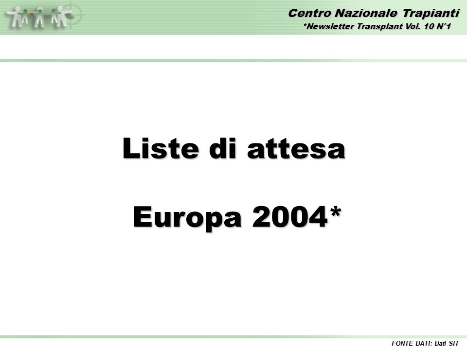 Centro Nazionale Trapianti Liste di attesa Europa 2004* Europa 2004* FONTE DATI: Dati SIT *Newsletter Transplant Vol.