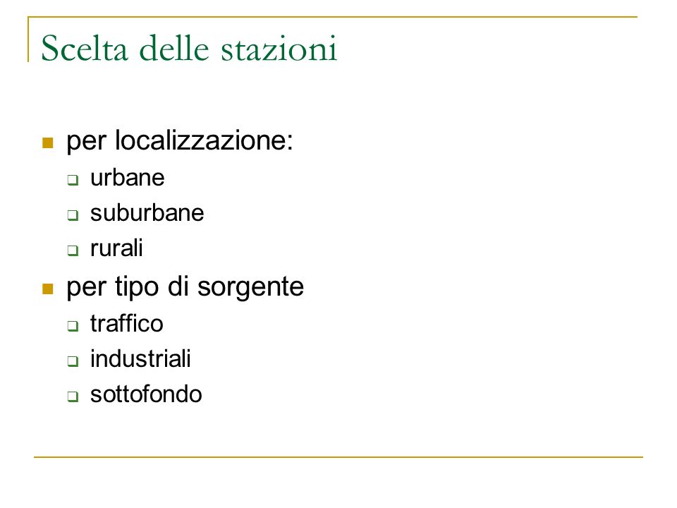 Scelta delle stazioni per localizzazione: urbane suburbane rurali per tipo di sorgente traffico industriali sottofondo