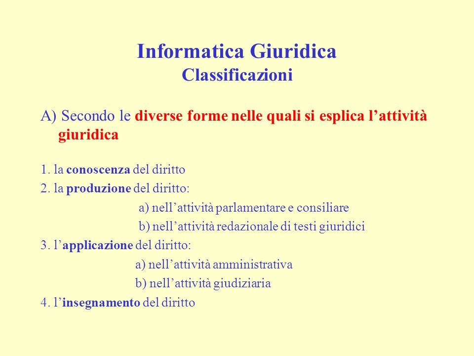 Informatica Giuridica Classificazioni 1. la conoscenza del diritto 2.