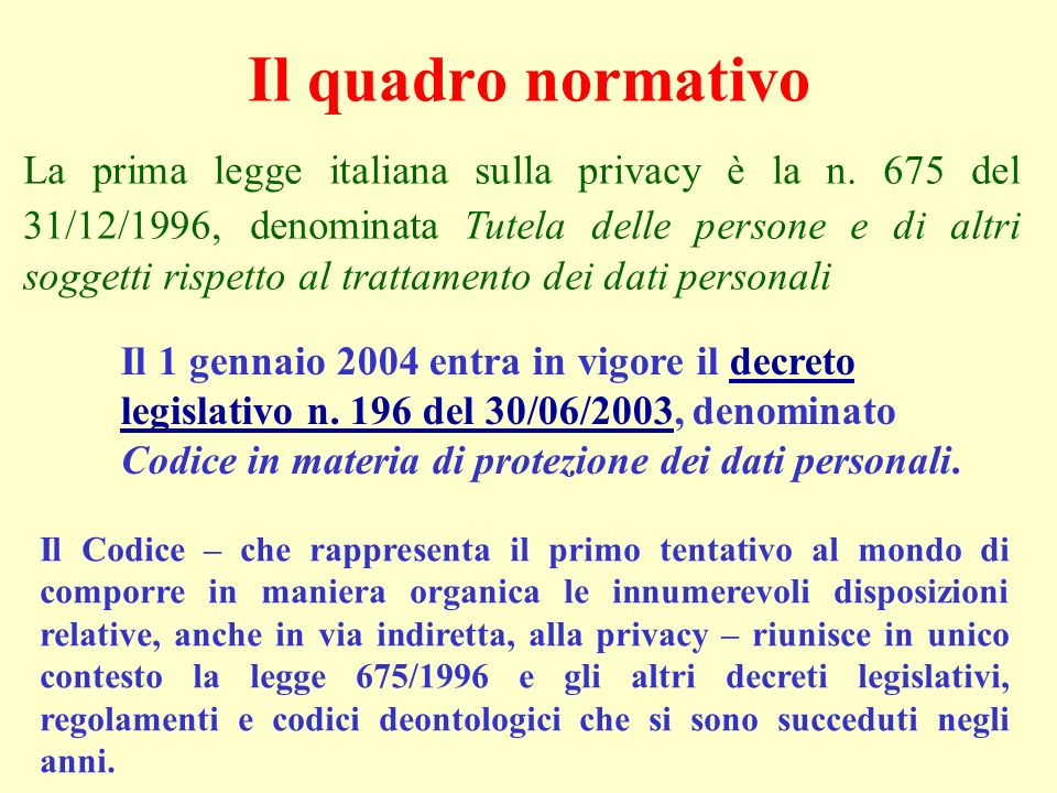 Il quadro normativo La prima legge italiana sulla privacy è la n.