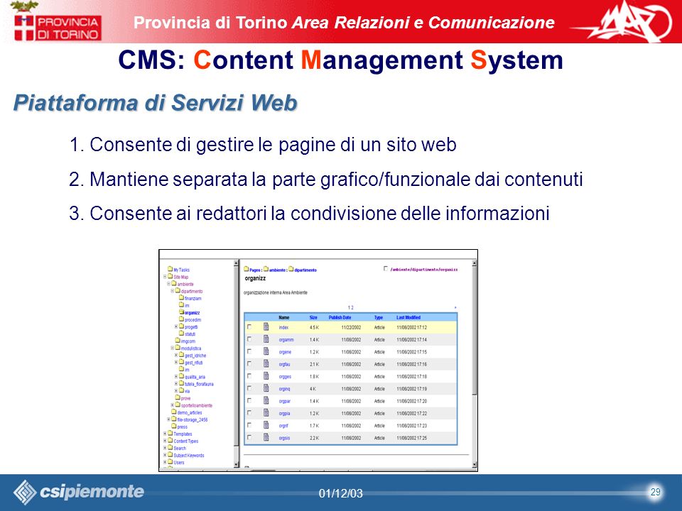 29 Area Comunicazione e Sviluppo Web09/10/2003Sito Web Provincia di Torino Provincia di Torino Area Relazioni e Comunicazione 29 01/12/03 CMS: Content Management System Piattaforma di Servizi Web 1.