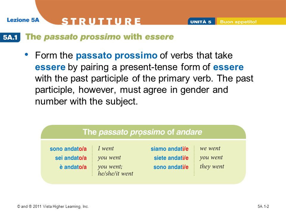 © and ® 2011 Vista Higher Learning, Inc.5A.1-2 Form the passato prossimo of verbs that take essere by pairing a present-tense form of essere with the past participle of the primary verb.