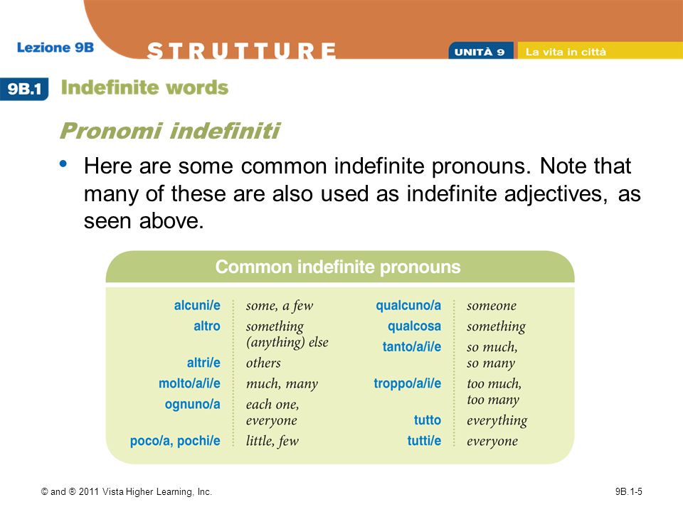 © and ® 2011 Vista Higher Learning, Inc.9B.1-5 Pronomi indefiniti Here are some common indefinite pronouns.