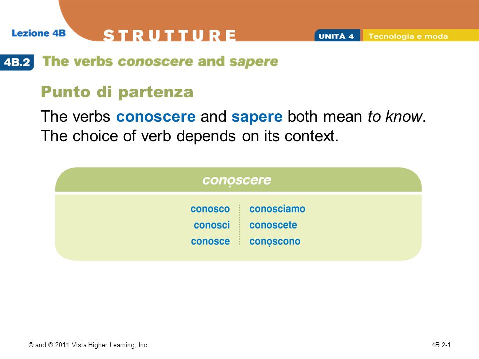 © and ® 2011 Vista Higher Learning, Inc.4B.2-1 Punto di partenza The verbs conoscere and sapere both mean to know.
