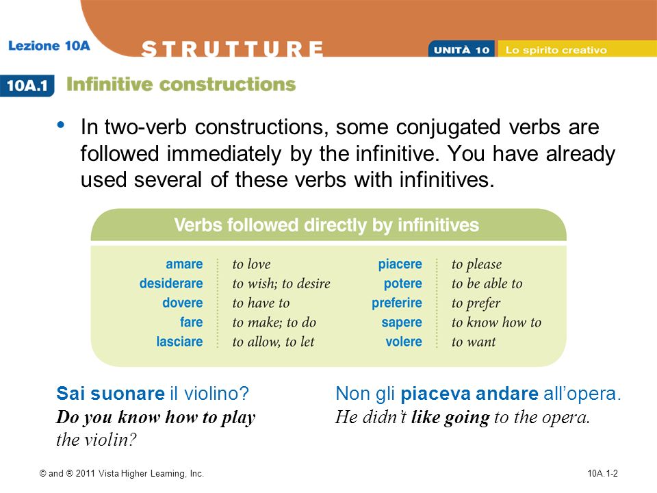 © and ® 2011 Vista Higher Learning, Inc.10A.1-2 In two-verb constructions, some conjugated verbs are followed immediately by the infinitive.