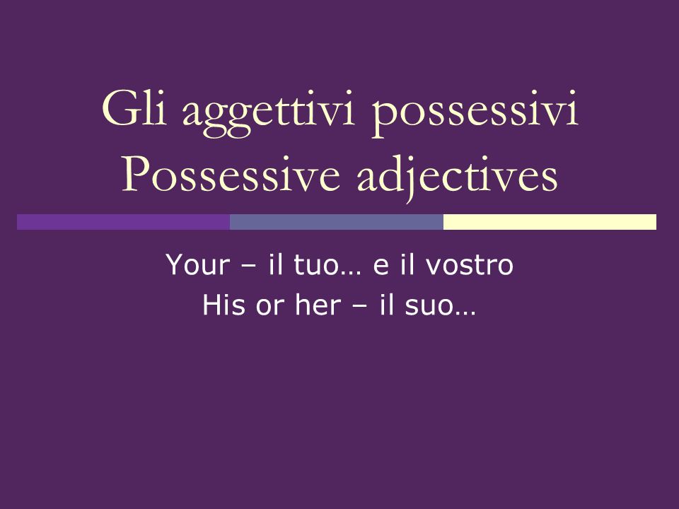 Gli aggettivi possessivi Possessive adjectives Your – il tuo… e il vostro His or her – il suo…