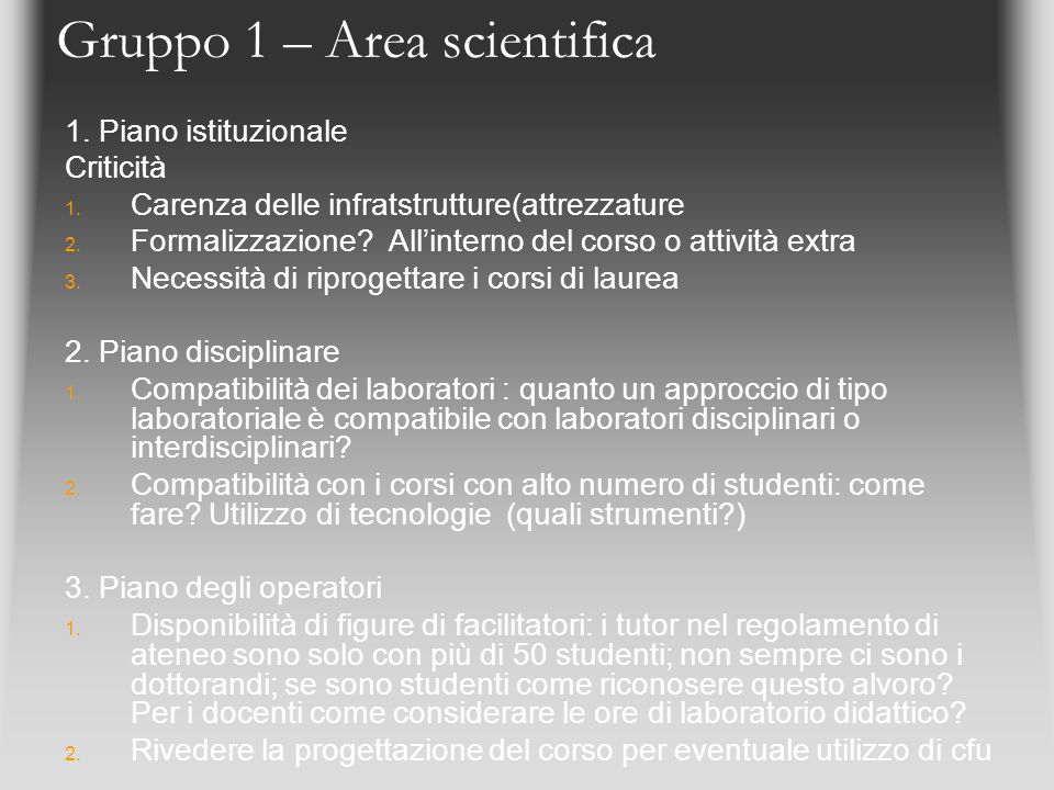 Gruppo 1 – Area scientifica 1. Piano istituzionale Criticità 1.