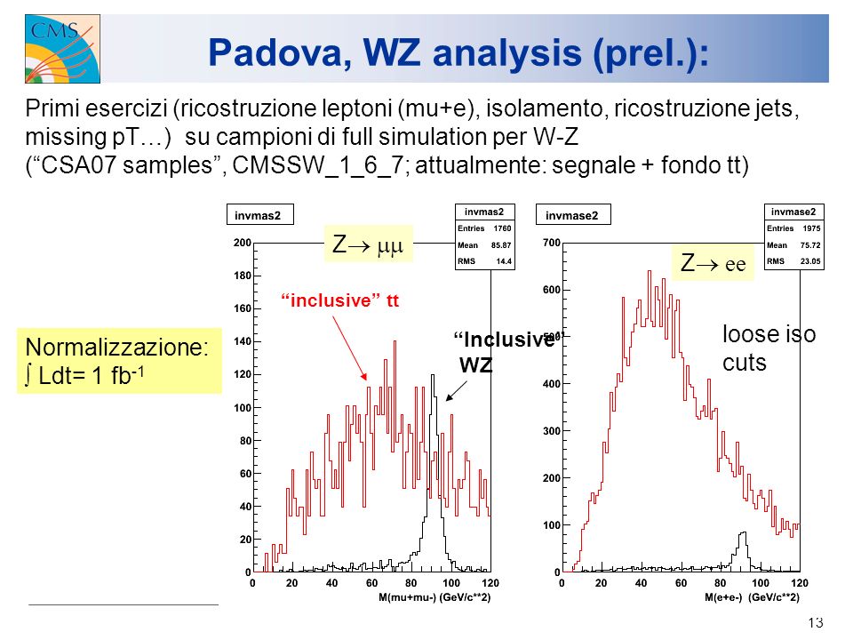13 Padova, WZ analysis (prel.): Primi esercizi (ricostruzione leptoni (mu+e), isolamento, ricostruzione jets, missing pT…) su campioni di full simulation per W-Z (CSA07 samples, CMSSW_1_6_7; attualmente: segnale + fondo tt) inclusive tt Inclusive WZ Z Z ee loose iso cuts Normalizzazione: Ldt= 1 fb -1