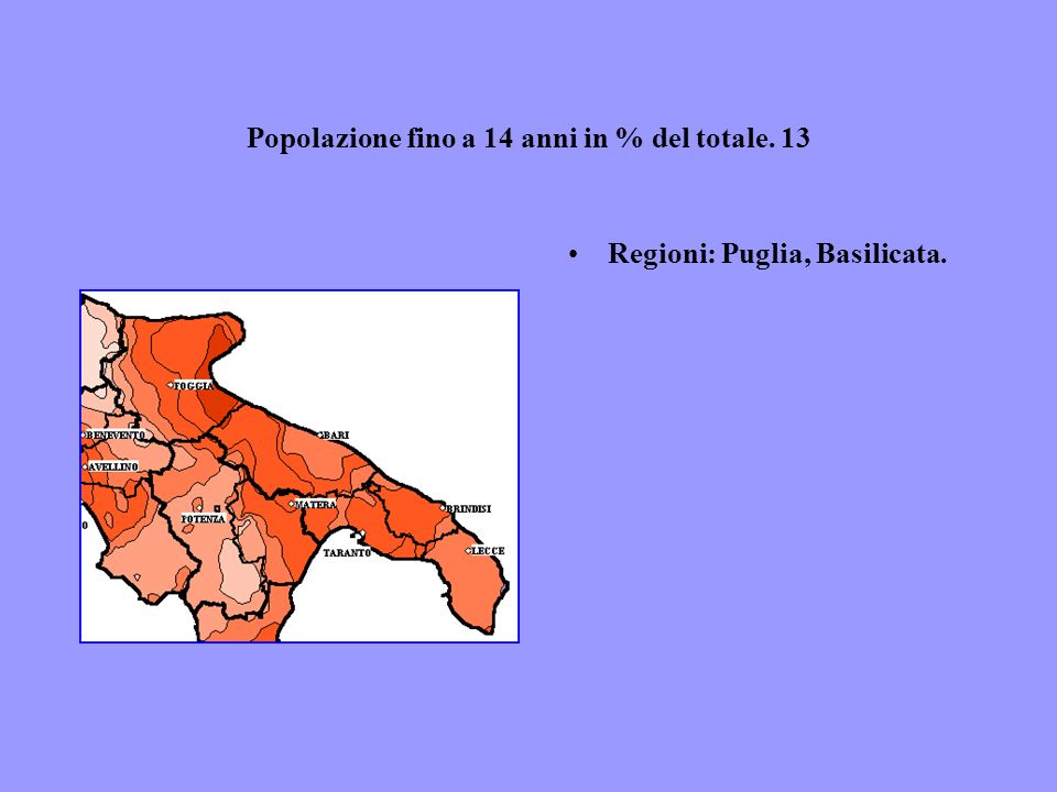 Popolazione fino a 14 anni in % del totale. 13 Regioni: Puglia, Basilicata.