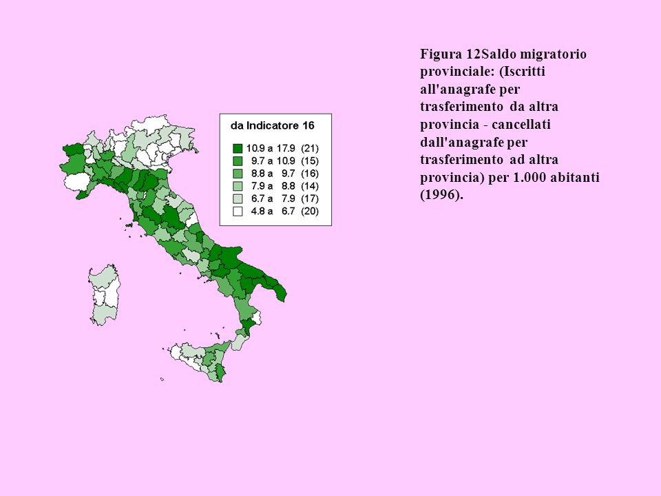 Figura 12Saldo migratorio provinciale: (Iscritti all anagrafe per trasferimento da altra provincia - cancellati dall anagrafe per trasferimento ad altra provincia) per abitanti (1996).