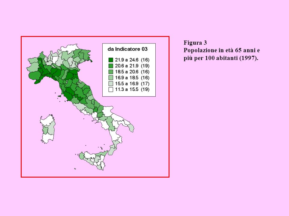 Figura 3 Popolazione in età 65 anni e più per 100 abitanti (1997).
