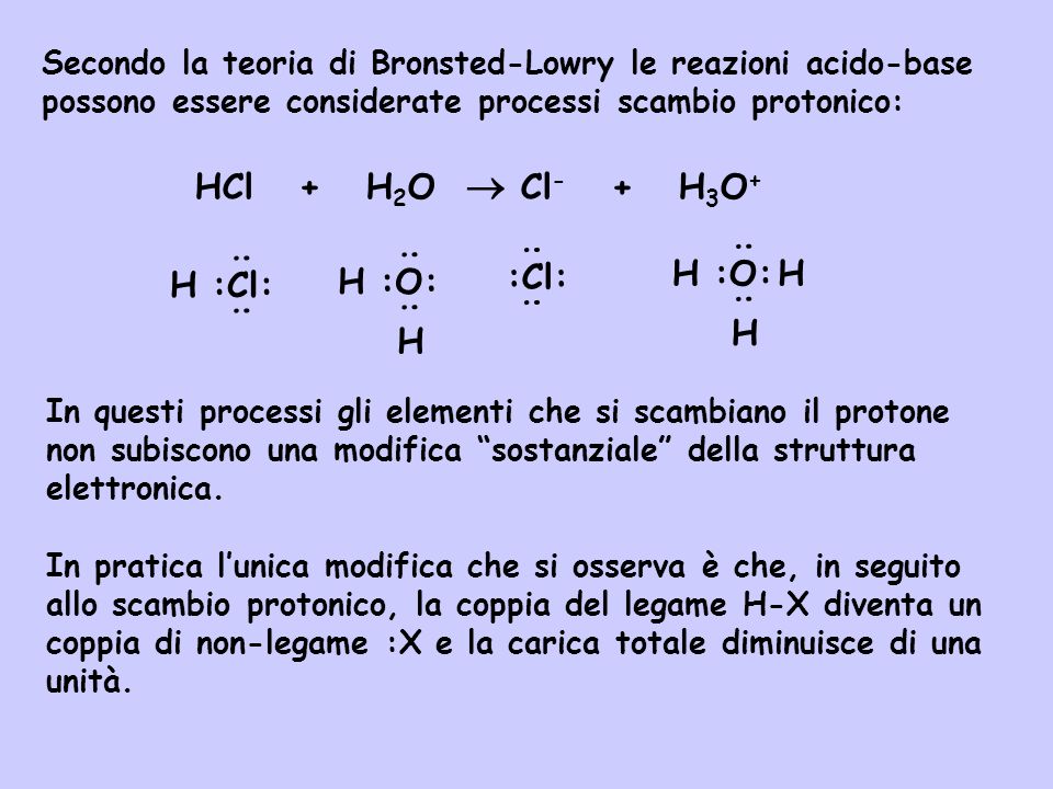 Secondo la teoria di Bronsted-Lowry le reazioni acido-base possono essere considerate processi scambio protonico: HCl + H 2 O Cl - + H 3 O + H :Cl: : : H :O: : : H :Cl: : : H :O: : : H H In questi processi gli elementi che si scambiano il protone non subiscono una modifica sostanziale della struttura elettronica.