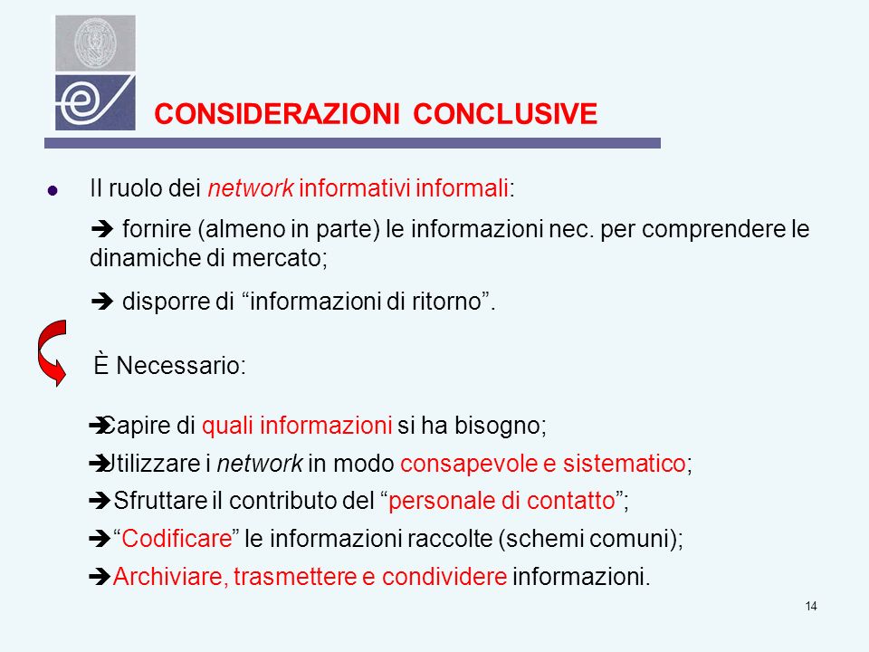 14 CONSIDERAZIONI CONCLUSIVE Il ruolo dei network informativi informali: fornire (almeno in parte) le informazioni nec.