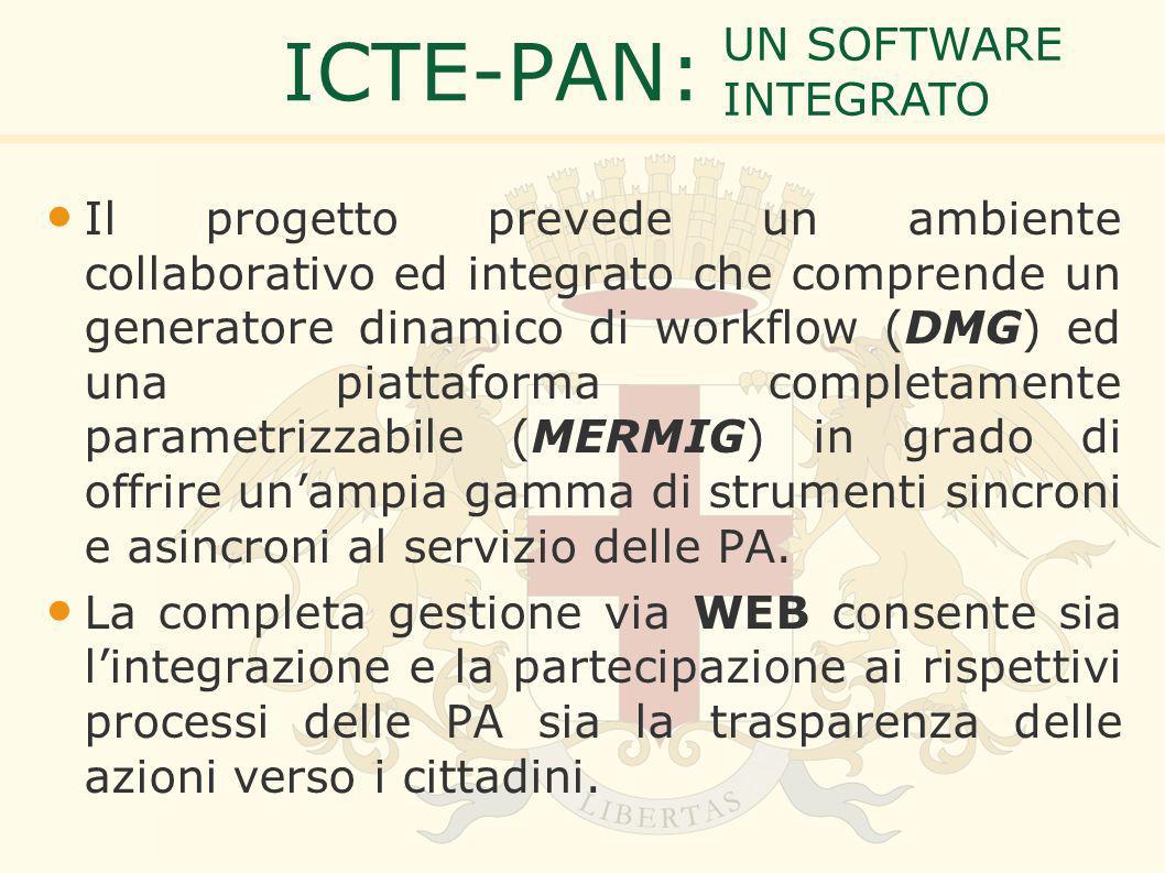 ICTE-PAN: Il progetto prevede un ambiente collaborativo ed integrato che comprende un generatore dinamico di workflow (DMG) ed una piattaforma completamente parametrizzabile (MERMIG) in grado di offrire unampia gamma di strumenti sincroni e asincroni al servizio delle PA.