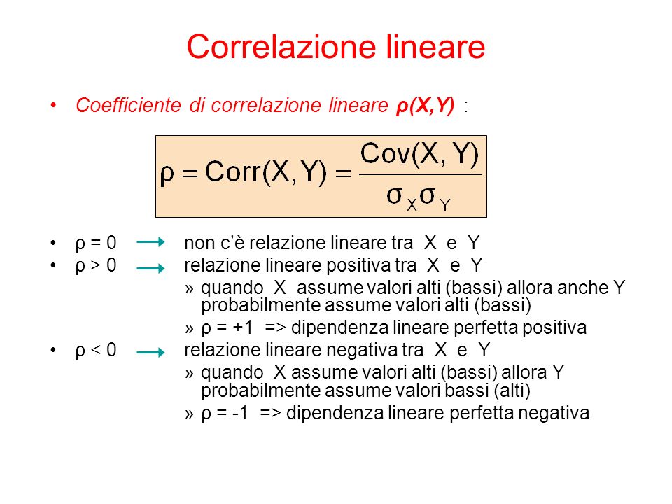 Coefficiente di correlazione lineare ρ(X,Y) : ρ = 0 non cè relazione lineare tra X e Y ρ > 0 relazione lineare positiva tra X e Y »quando X assume valori alti (bassi) allora anche Y probabilmente assume valori alti (bassi) »ρ = +1 => dipendenza lineare perfetta positiva ρ < 0 relazione lineare negativa tra X e Y »quando X assume valori alti (bassi) allora Y probabilmente assume valori bassi (alti) »ρ = -1 => dipendenza lineare perfetta negativa Correlazione lineare