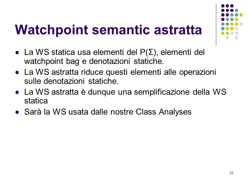 33 Watchpoint semantic astratta La WS statica usa elementi del P(Σ), elementi del watchpoint bag e denotazioni statiche.