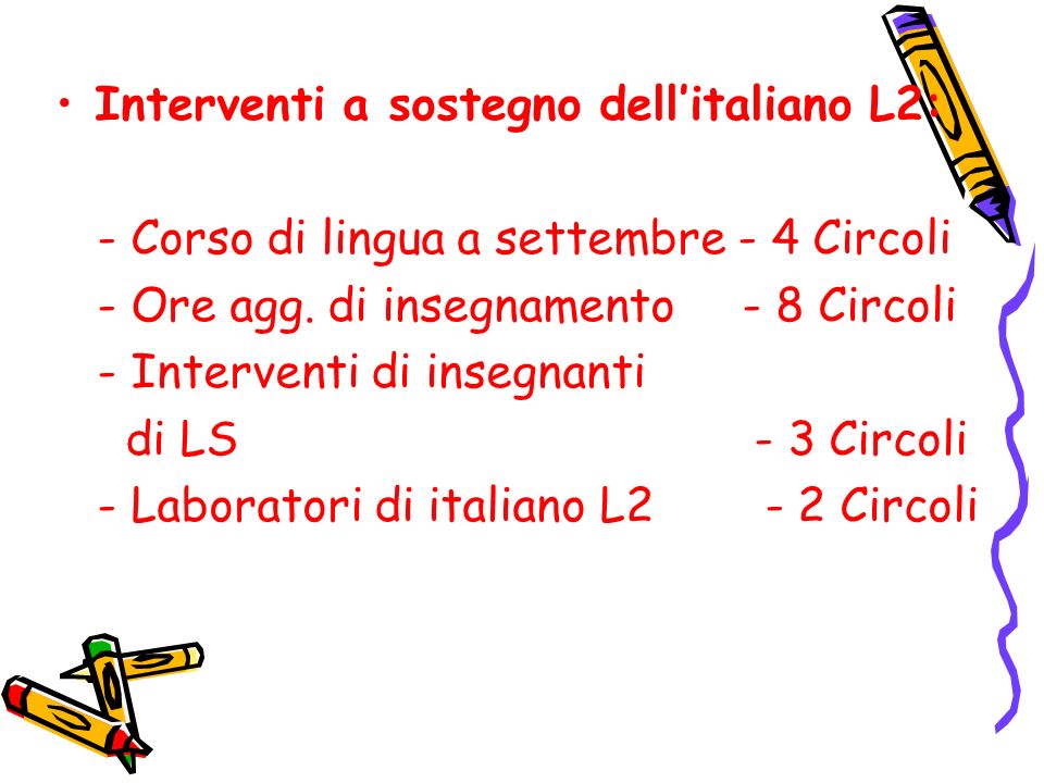 Interventi a sostegno dellitaliano L2: - Corso di lingua a settembre - 4 Circoli - Ore agg.