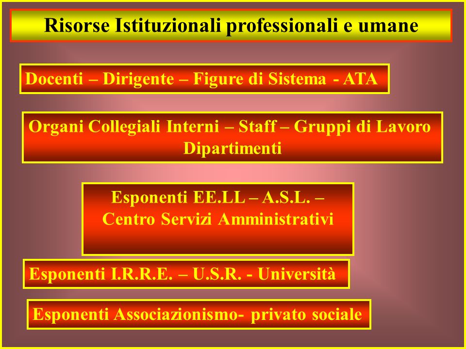 Risorse Istituzionali professionali e umane Docenti – Dirigente – Figure di Sistema - ATA Organi Collegiali Interni – Staff – Gruppi di Lavoro Dipartimenti Esponenti EE.LL – A.S.L.