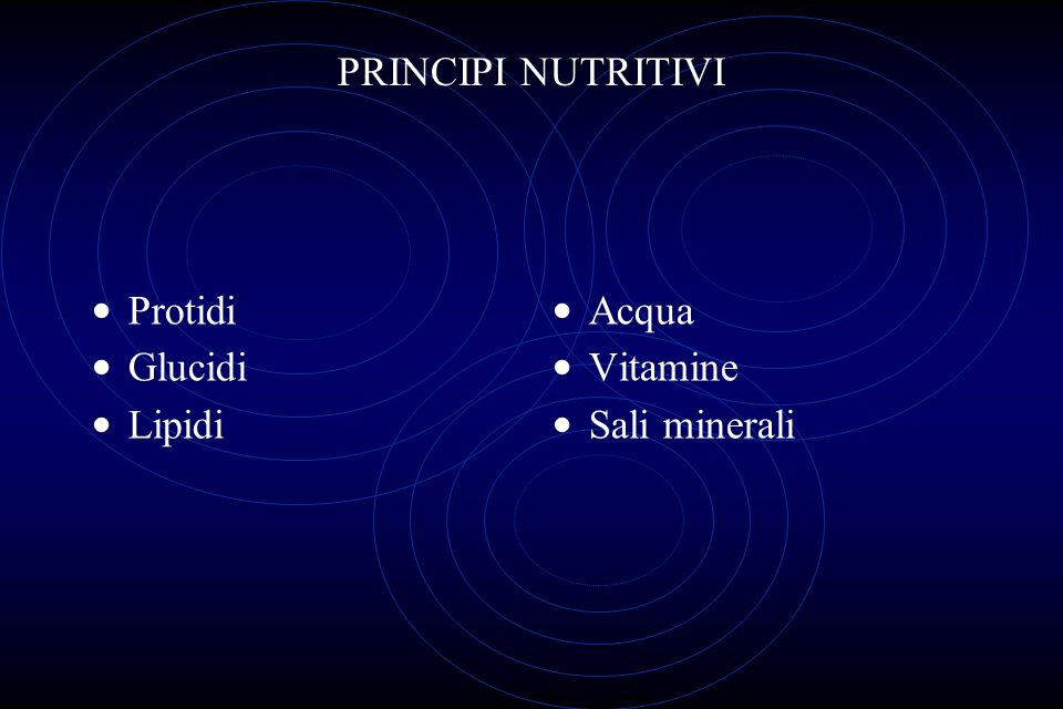 PRINCIPI NUTRITIVI Protidi Glucidi Lipidi Acqua Vitamine Sali minerali