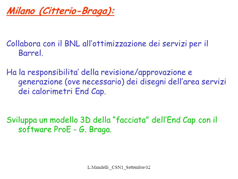 L.Mandelli _CSN1_Settembre 02 Milano (Citterio-Braga): Collabora con il BNL allottimizzazione dei servizi per il Barrel.