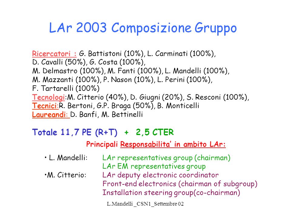 L.Mandelli _CSN1_Settembre 02 Ricercatori : G. Battistoni (10%), L.