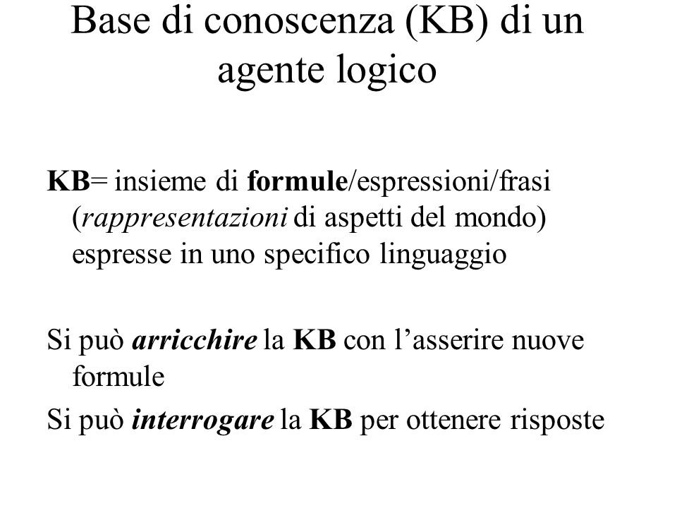Base di conoscenza (KB) di un agente logico KB= insieme di formule/espressioni/frasi (rappresentazioni di aspetti del mondo) espresse in uno specifico linguaggio Si può arricchire la KB con lasserire nuove formule Si può interrogare la KB per ottenere risposte