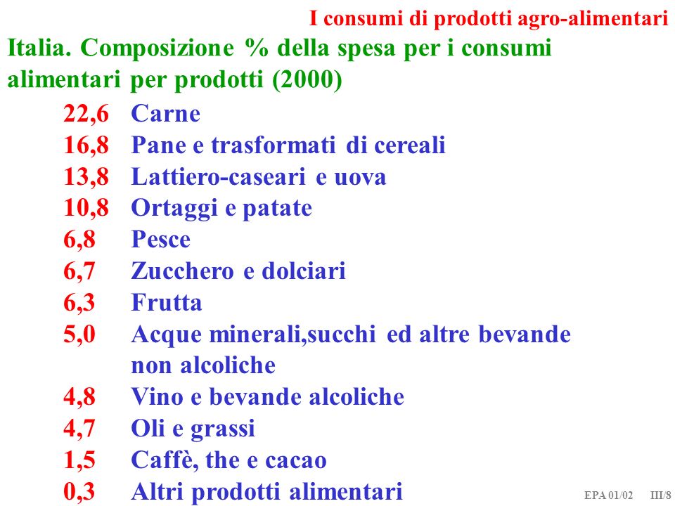 EPA 01/02 III/8 I consumi di prodotti agro-alimentari Italia.