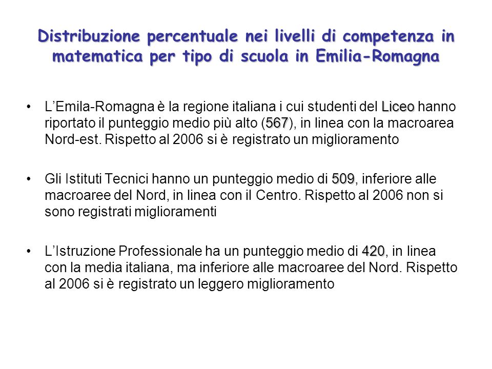 Liceo 567LEmila-Romagna è la regione italiana i cui studenti del Liceo hanno riportato il punteggio medio più alto (567), in linea con la macroarea Nord-est.