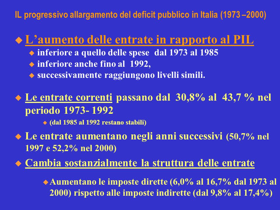 IL progressivo allargamento del deficit pubblico in Italia (1973 –2000) Laumento delle entrate in rapporto al PIL u inferiore a quello delle spese dal 1973 al 1985 u inferiore anche fino al 1992, u successivamente raggiungono livelli simili.
