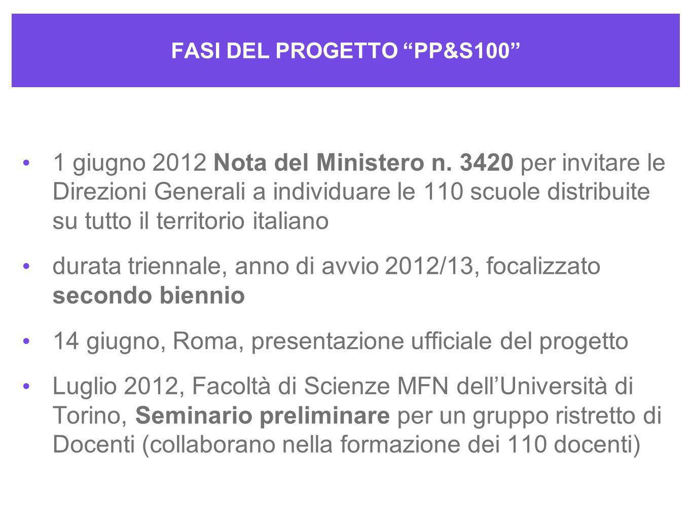 FASI DEL PROGETTO PP&S100 1 giugno 2012 Nota del Ministero n.