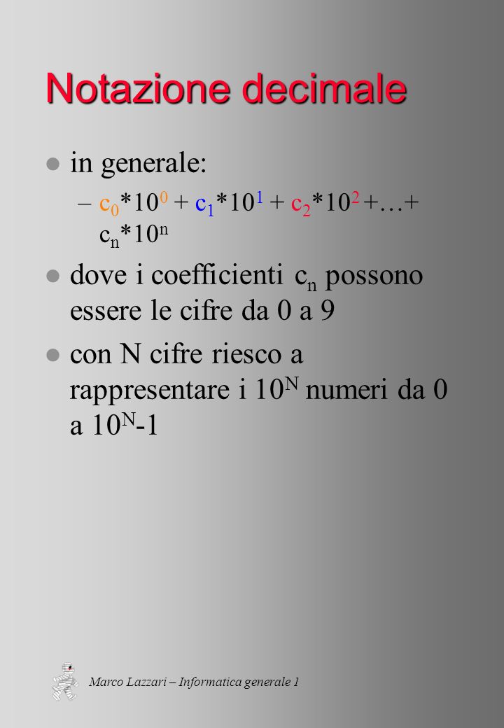 Marco Lazzari – Informatica generale 1 Notazione decimale l in generale: –c 0 * c 1 * c 2 *10 2 +…+ c n *10 n l dove i coefficienti c n possono essere le cifre da 0 a 9 l con N cifre riesco a rappresentare i 10 N numeri da 0 a 10 N -1