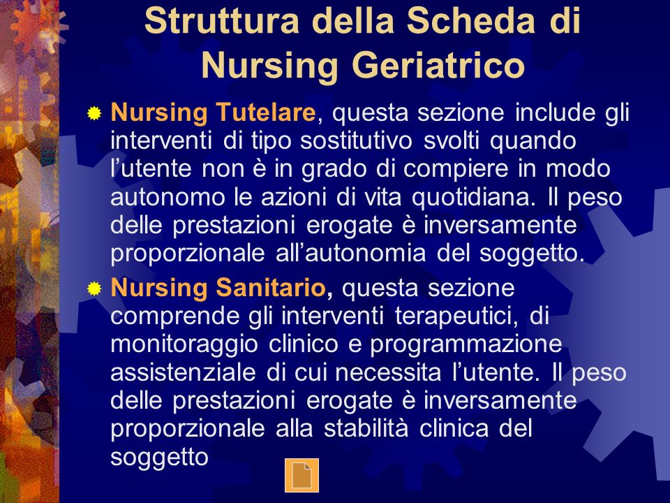 Struttura della Scheda di Nursing Geriatrico Nursing Tutelare, questa sezione include gli interventi di tipo sostitutivo svolti quando lutente non è in grado di compiere in modo autonomo le azioni di vita quotidiana.